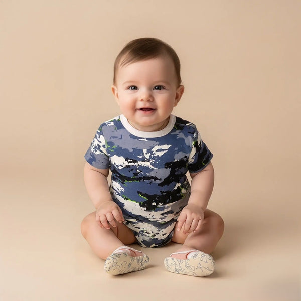 Blue Short Sleeves Printed Baby Onesies