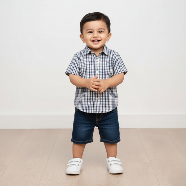 Navy Blue Checked Cotton Half Sleeves Shirt