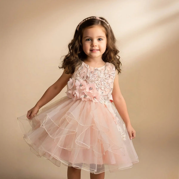 Peach Flower Knee Length Princess Dress