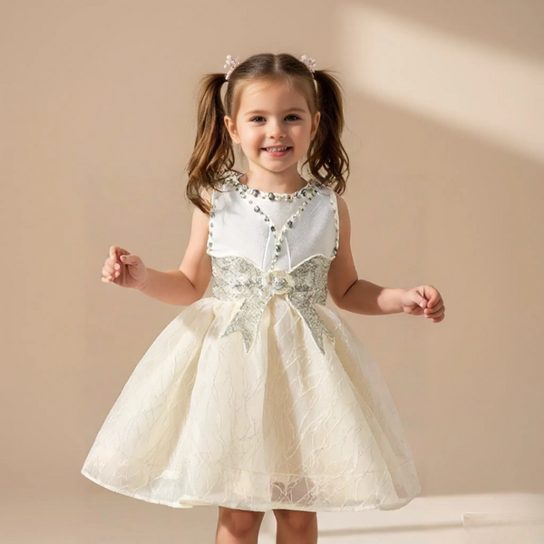 Champagne Knee Length Glitter Bow Princess Dress