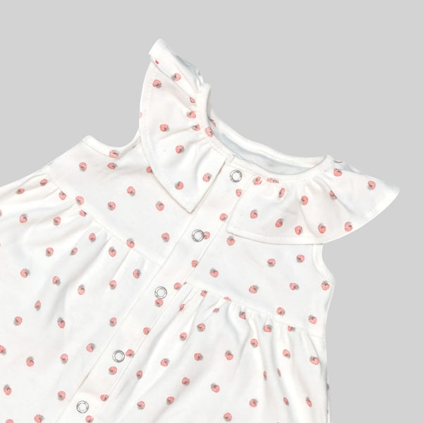 White Sleeveless Frock with Strawberry Print