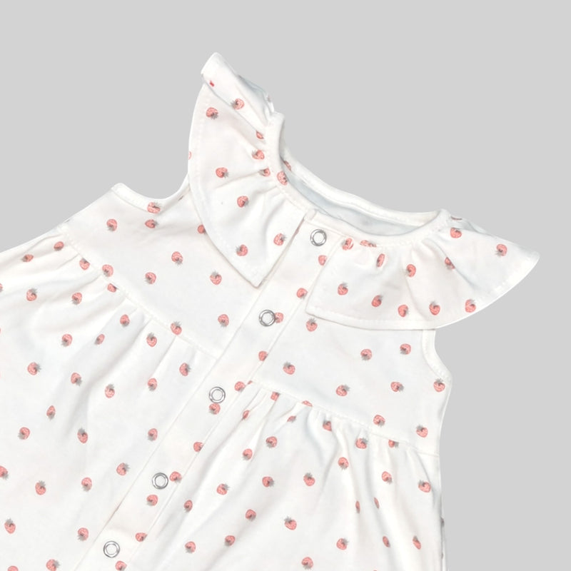 White Sleeveless Frock with Strawberry Print