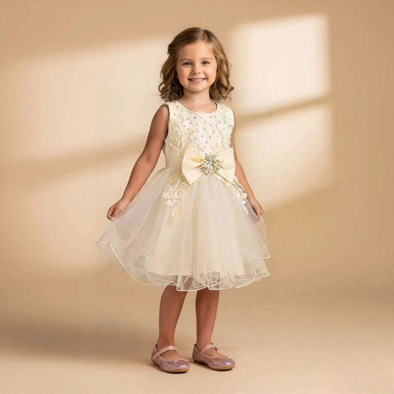 Champagne Elegant Knee Length Bow Princess Dress