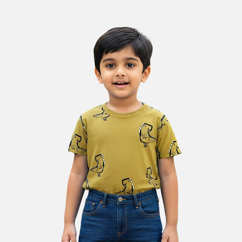 Brown Round Neck Printed T-shirt