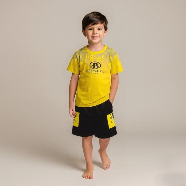 Yellow Printed Polo T-shirt with Shorts Set