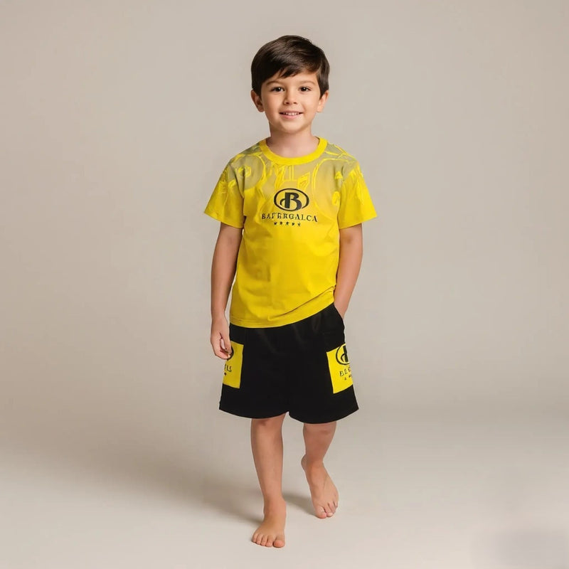 Yellow Printed Polo T-shirt with Shorts Set