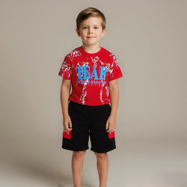 Boys Red Printed Polo T-shirt with Shorts Set