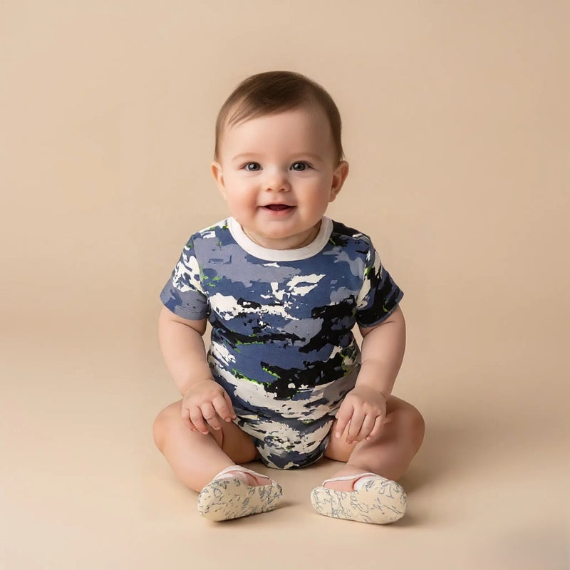 Blue Short Sleeves Printed Baby Onesies