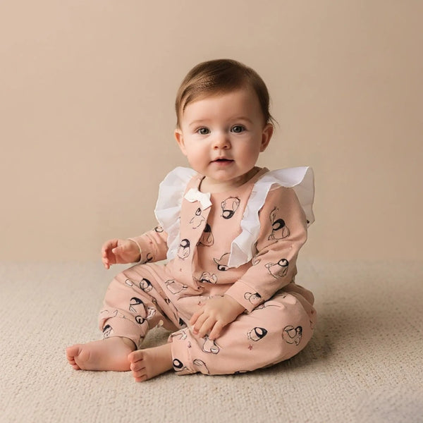 Peach Penguin Print Frill Rompers