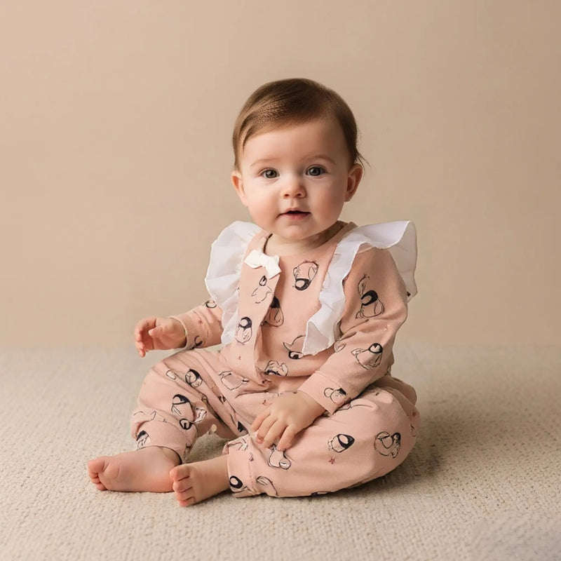 Peach Penguin Print Frill Rompers