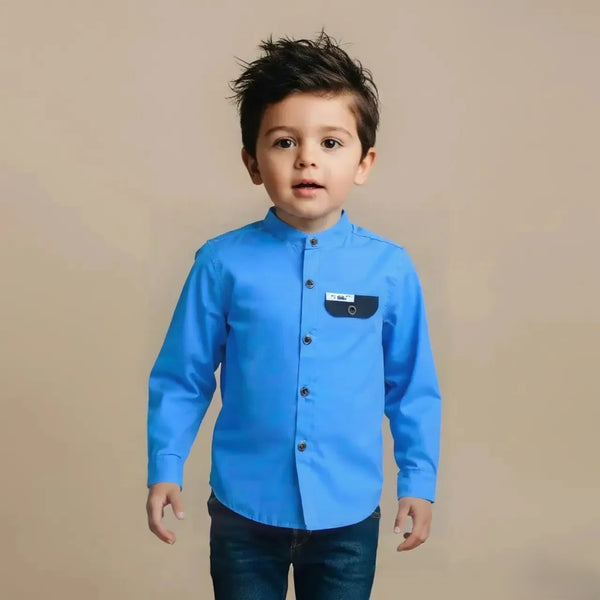 Blue Mandarin Collar Casual Shirt
