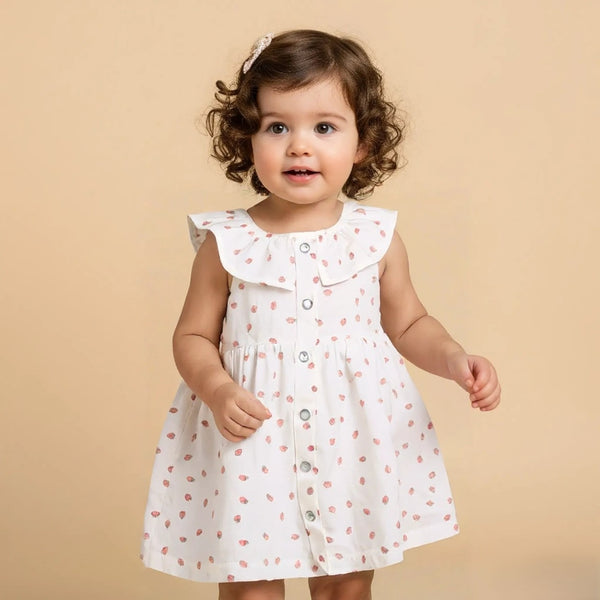 White Sleeveless Frock with Strawberry Print