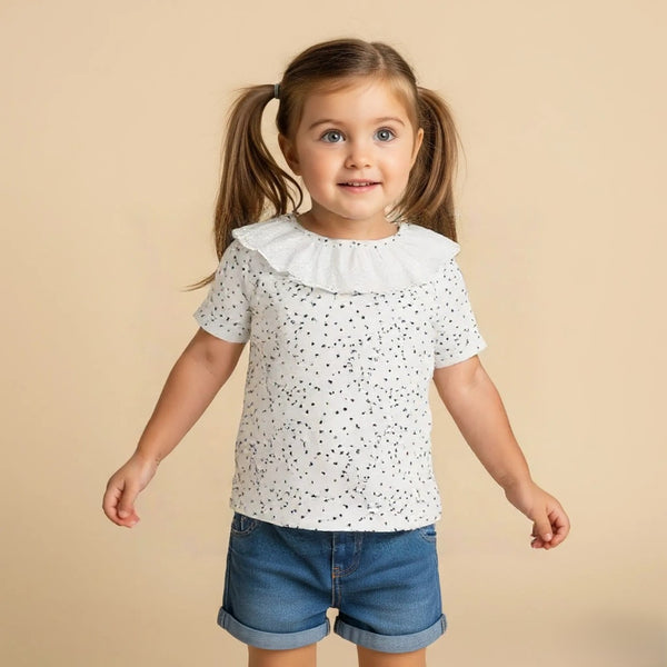 White Printed Frill Top