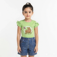 Girl Regular Fit Bunny Green Top