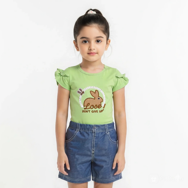 Girl Regular Fit Bunny Green Top