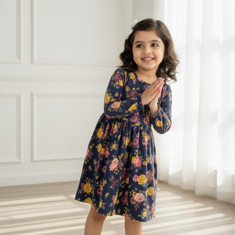 Navy Blue Floral Cotton Frock
