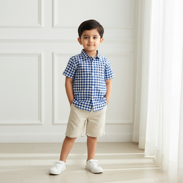 Blue Casual Checked Shirt Half Sleeves