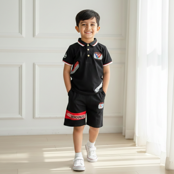 Black Boys Polo T-shirt with Shorts Set