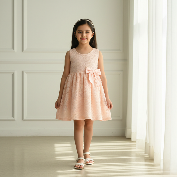 Peach Bow Lace Frock