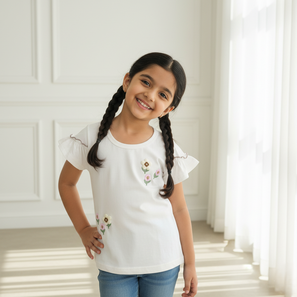 Girl Regular Fit White Flower Top