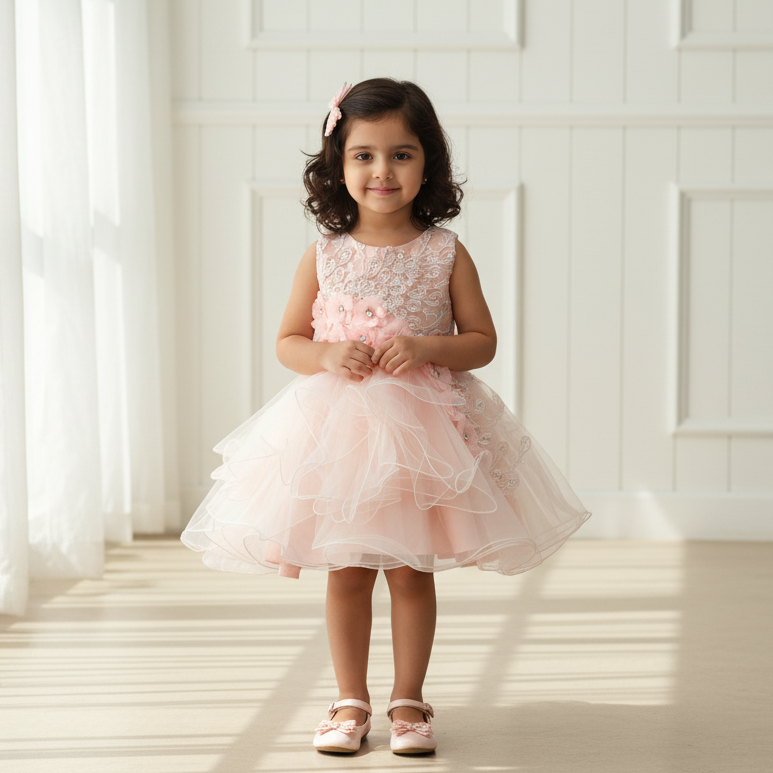 Peach Flower Knee Length Princess Dress