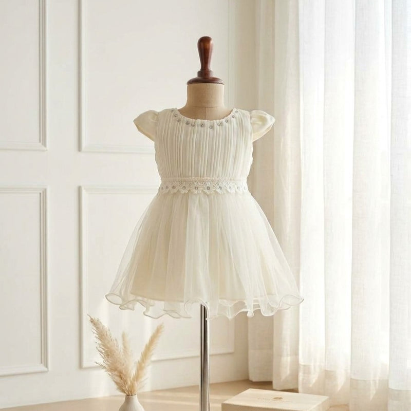 Yellow Pleated Pearl-Trimmed Dress
