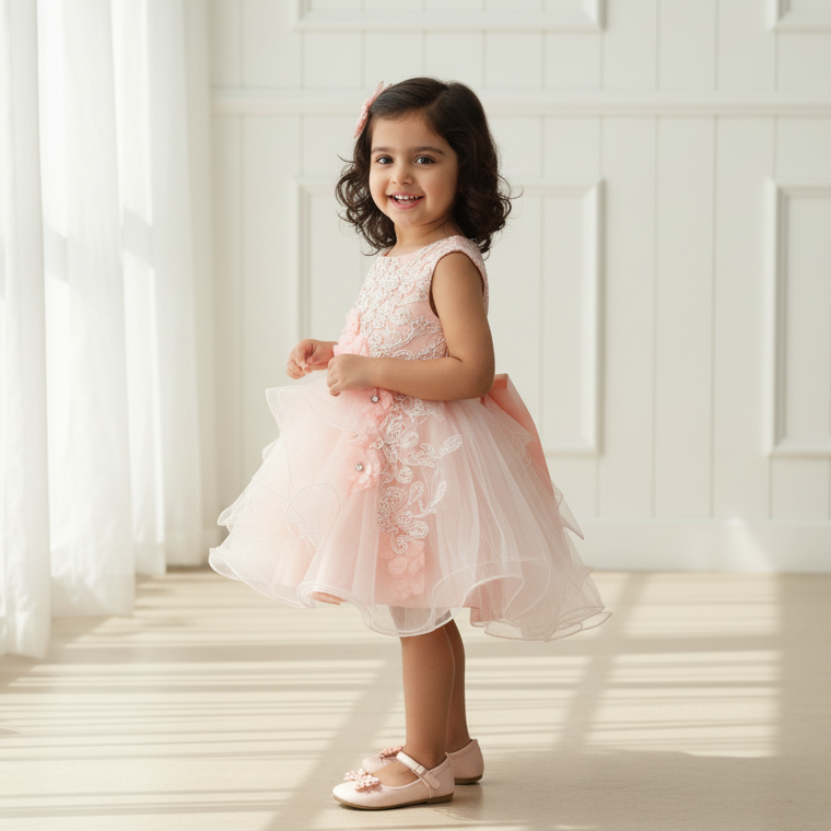 Peach Flower Knee Length Princess Dress