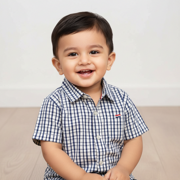Navy Blue Checked Cotton Half Sleeves Shirt