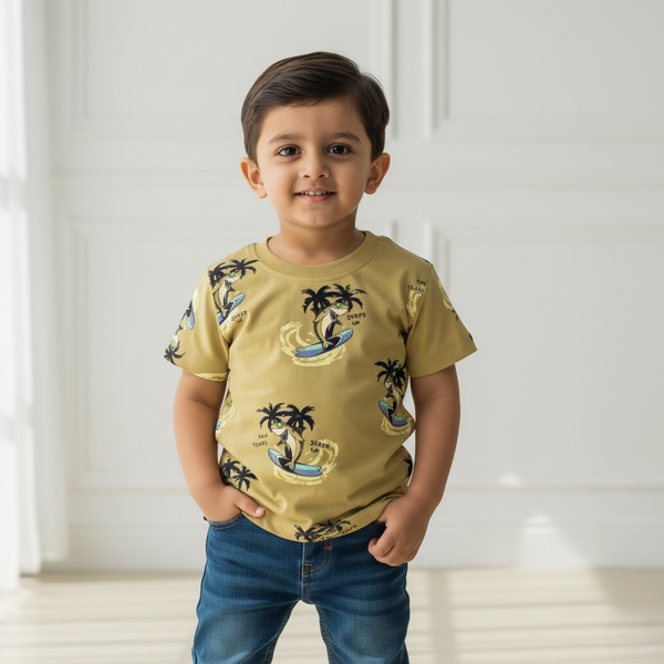 Brown Round Neck Printed T-shirt