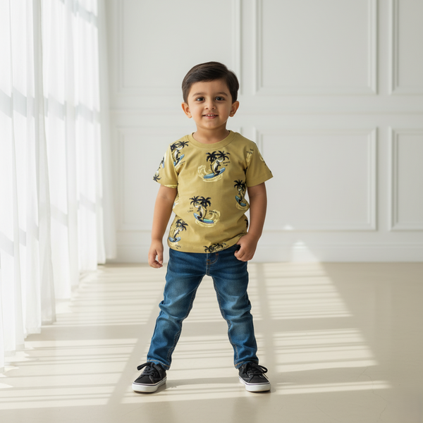 Brown Round Neck Printed T-shirt