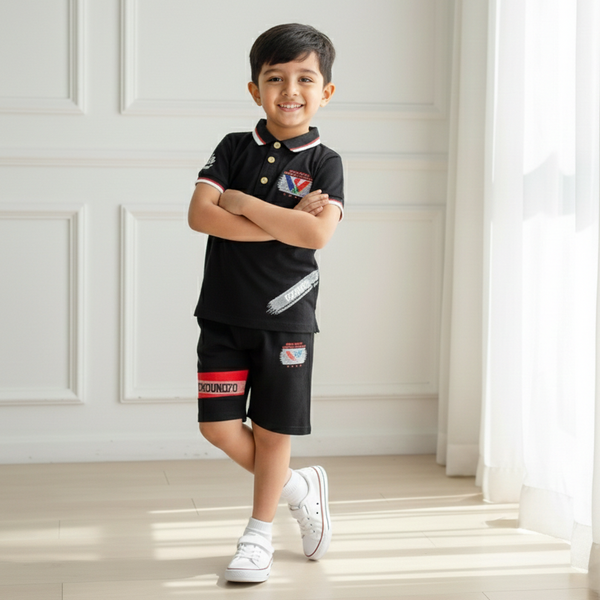 Black Boys Polo T-shirt with Shorts Set