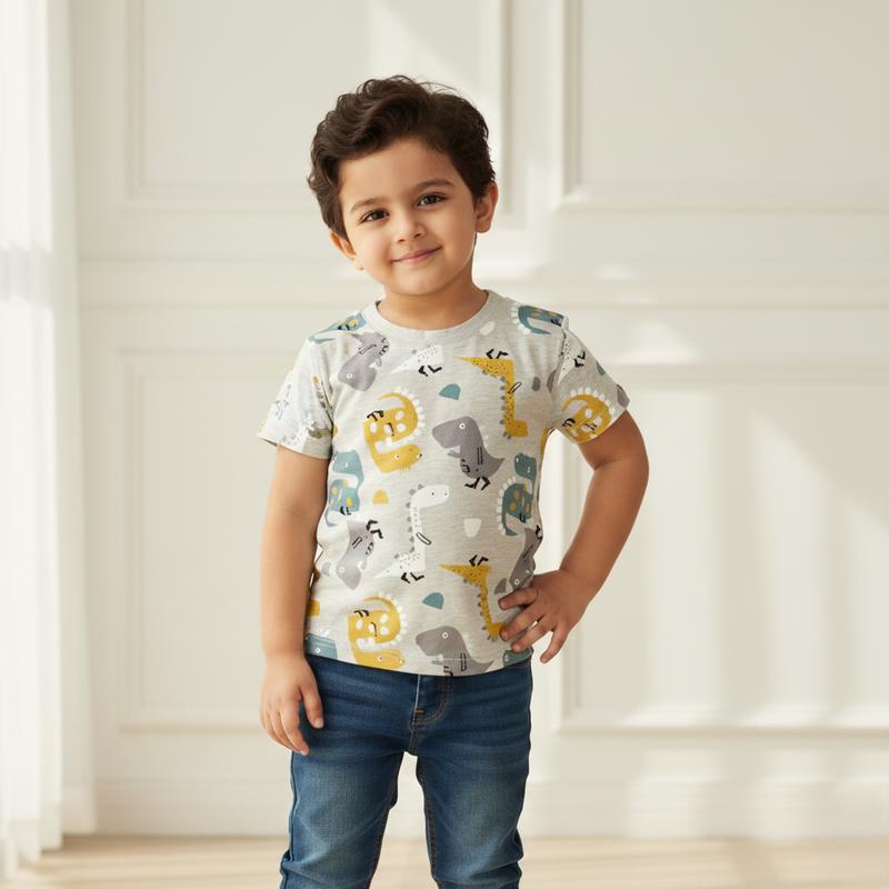 Grey Round Neck Printed T-shirt