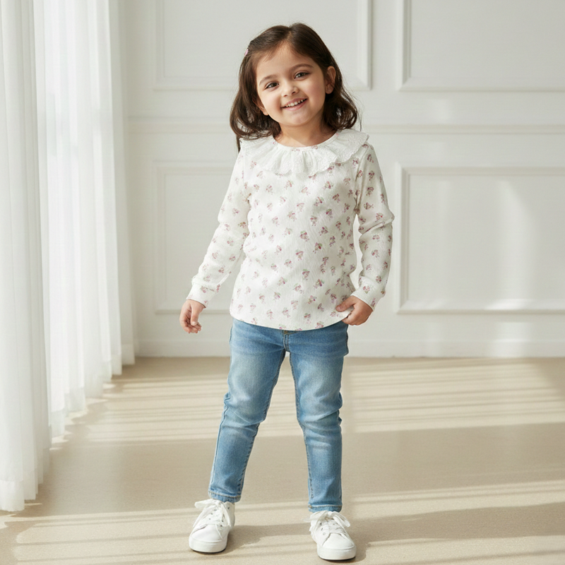 White Soft Blossom Frill Neck Top