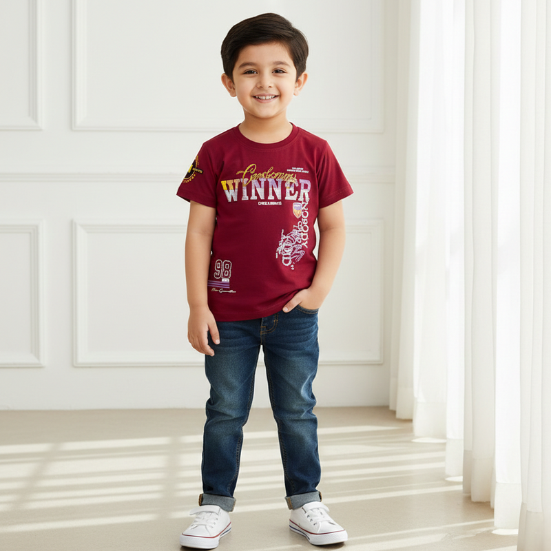 Maroon Round Neck Printed T-shirt