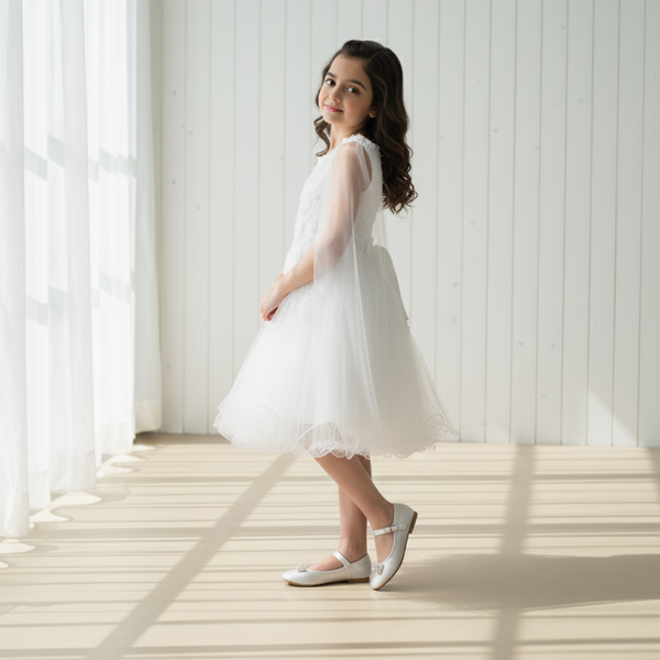 White Sleeveless Princess Dress with Cape Neck Sleeves
