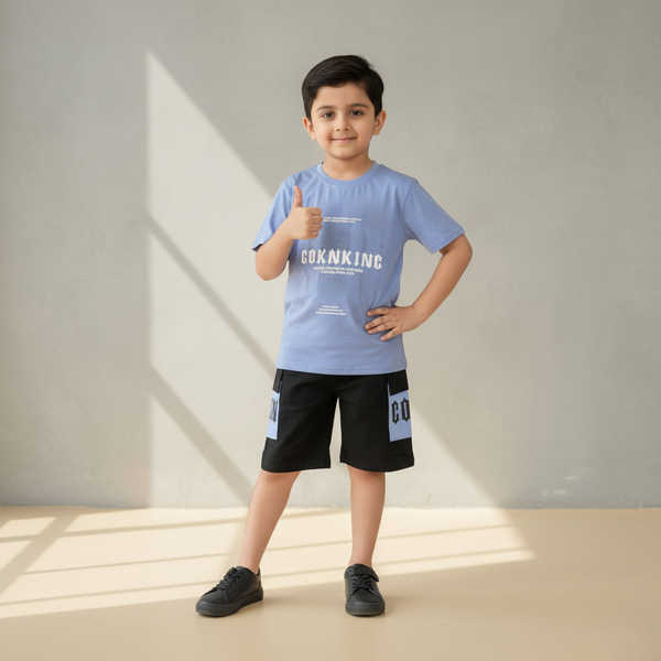 Blue Printed Polo T-shirt with Shorts Set