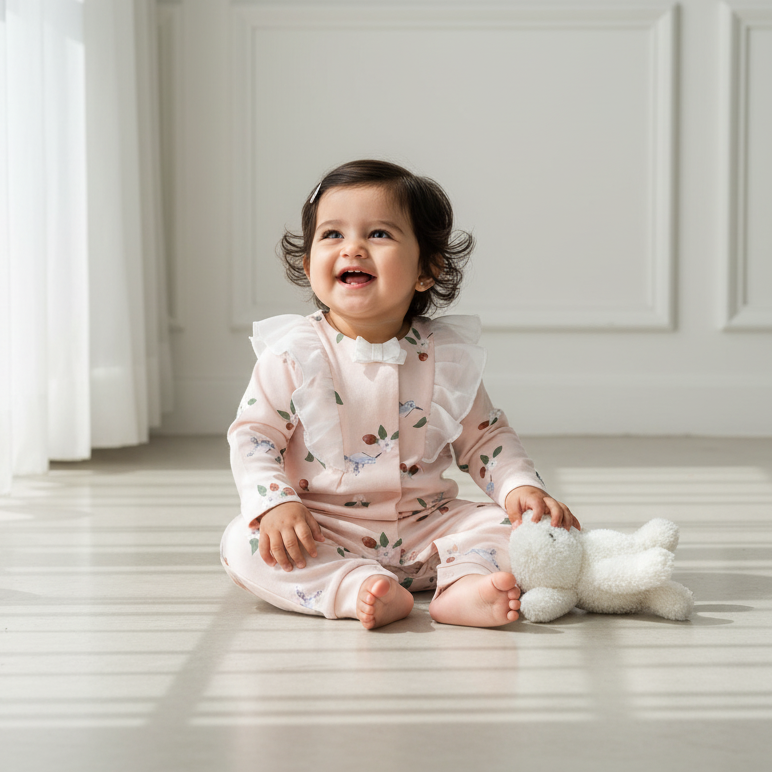 Peach Printed Frill Rompers