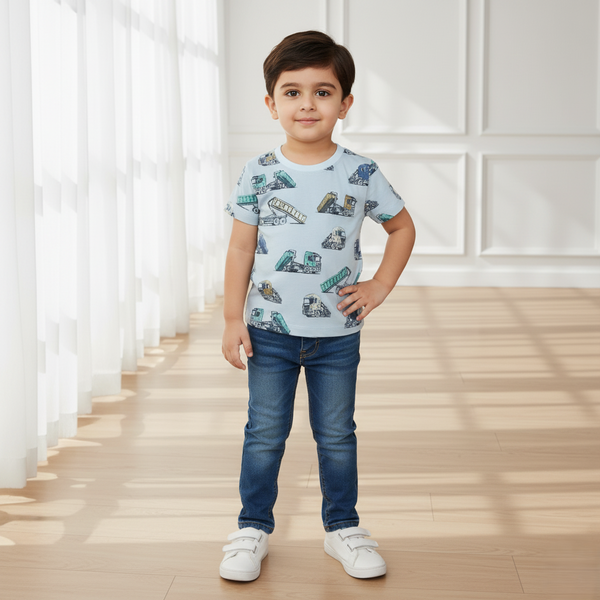 Blue Round Neck Printed T-shirt