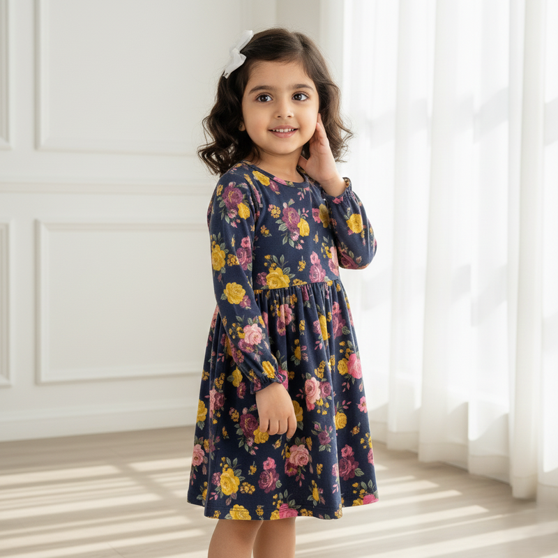 Navy Blue Floral Cotton Frock