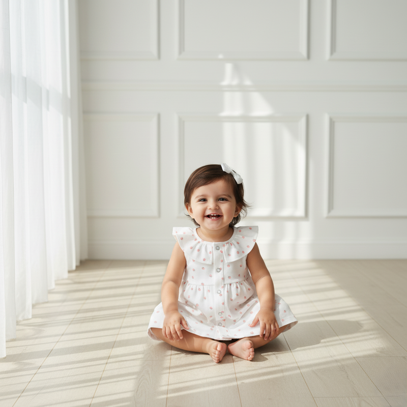 White Sleeveless Frock with Strawberry Print