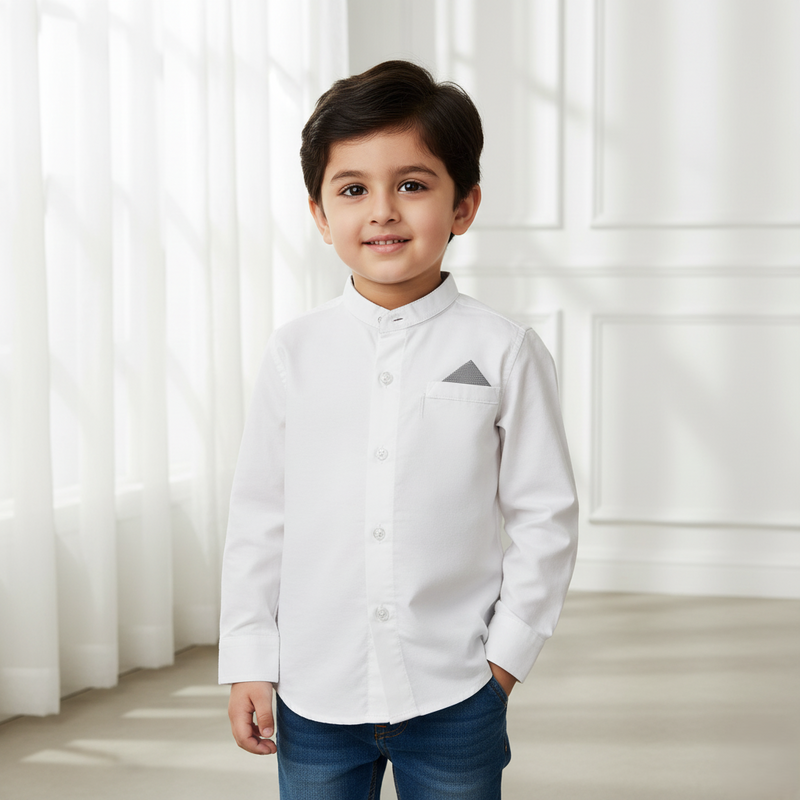 White Mandarin Collar Casual Shirt