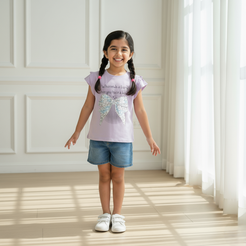 Girl Regular Fit Sequin Bow Purple Top