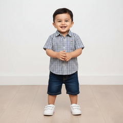 Navy Blue Checked Cotton Half Sleeves Shirt