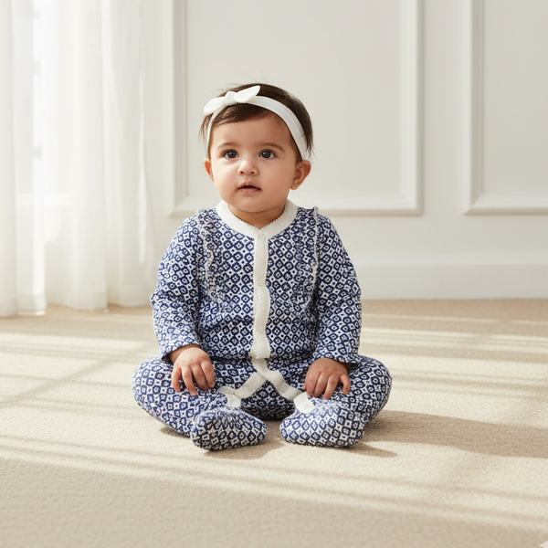 Blue Printed Frill Rompers