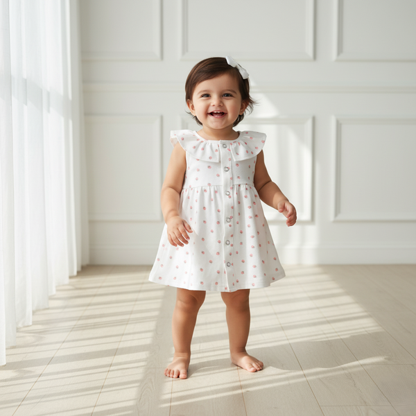 White Sleeveless Frock with Strawberry Print