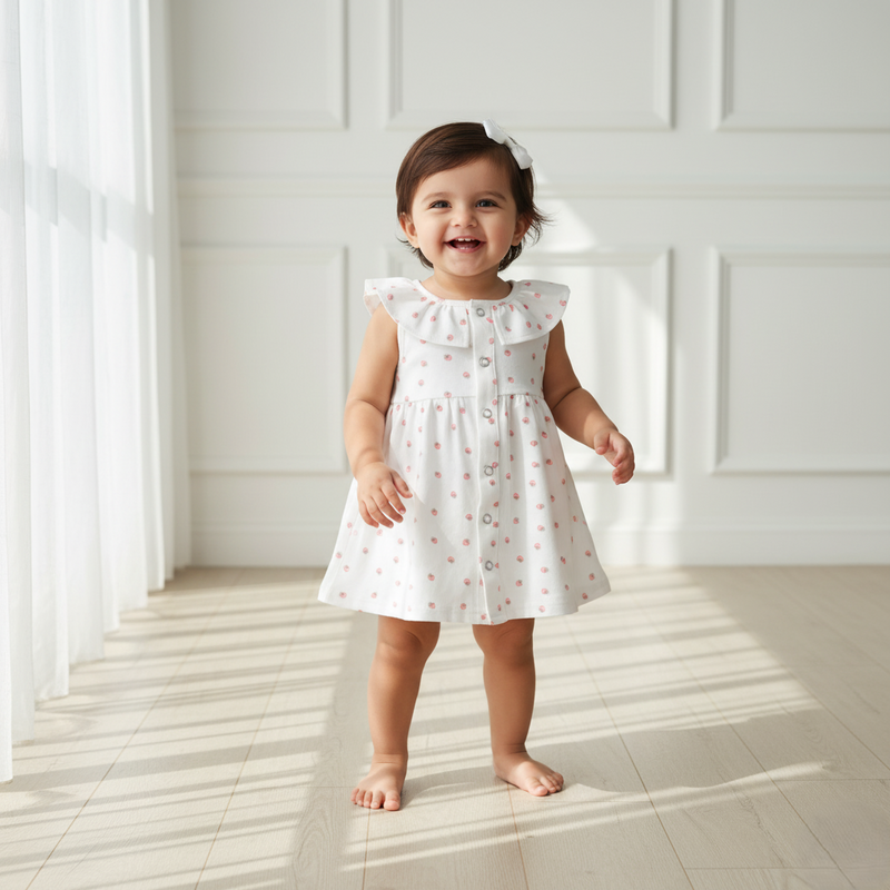 White Sleeveless Frock with Strawberry Print