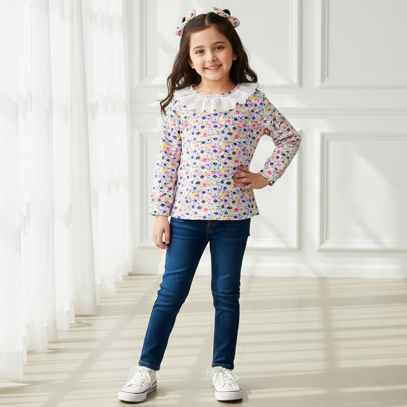 Girls Floral Printed Lace Neck Top
