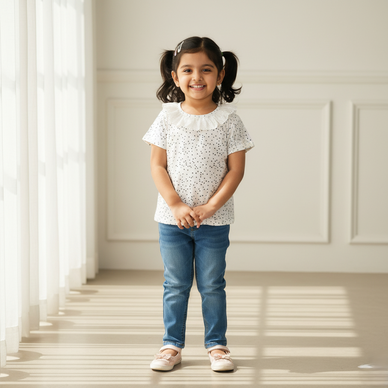 White Printed Frill Top