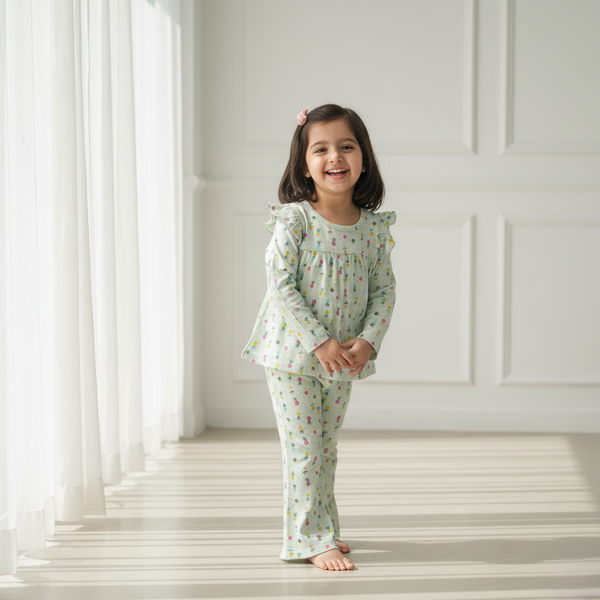 Girls Printed Ruffle Nightsuit Set