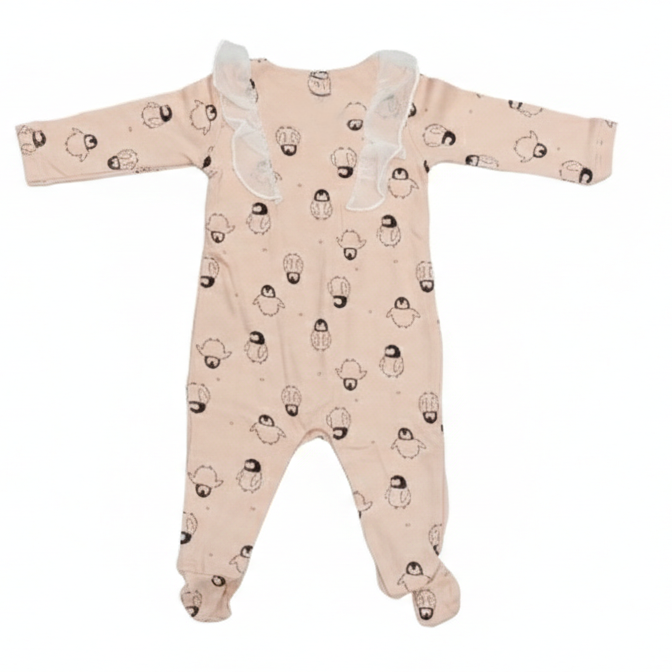Peach Penguin Print Frill Rompers (Footer)